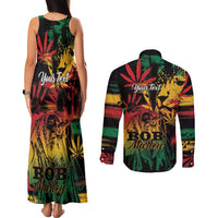 Personalized Reggae King Marley One Love Couples Matching Tank Maxi Dress and Long Sleeve Button Shirt Rastafarian Lion Grunge