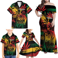 Personalized Reggae King Marley One Love Family Matching Off Shoulder Maxi Dress and Hawaiian Shirt Rastafarian Lion Grunge