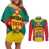 Personalized Gwenad Couples Matching Off Shoulder Short Dress and Long Sleeve Button Shirt Grenada Coat Of Arms Flag Style
