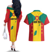 Personalized Gwenad Couples Matching Off The Shoulder Long Sleeve Dress and Hawaiian Shirt Grenada Coat Of Arms Flag Style