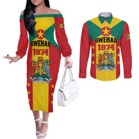 Personalized Gwenad Couples Matching Off The Shoulder Long Sleeve Dress and Long Sleeve Button Shirt Grenada Coat Of Arms Flag Style