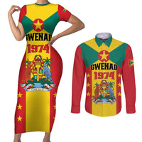 Personalized Gwenad Couples Matching Short Sleeve Bodycon Dress and Long Sleeve Button Shirt Grenada Coat Of Arms Flag Style