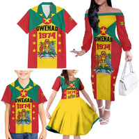Personalized Gwenad Family Matching Off The Shoulder Long Sleeve Dress and Hawaiian Shirt Grenada Coat Of Arms Flag Style