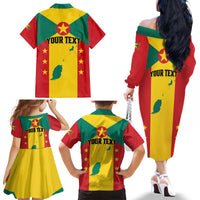 Personalized Gwenad Family Matching Off The Shoulder Long Sleeve Dress and Hawaiian Shirt Grenada Coat Of Arms Flag Style