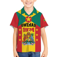 Personalized Gwenad Family Matching Off The Shoulder Long Sleeve Dress and Hawaiian Shirt Grenada Coat Of Arms Flag Style