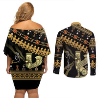 Assyrian New Year Couples Matching Off Shoulder Short Dress and Long Sleeve Button Shirt Akitu 6774 Kha B Nissan - Wonder Print Shop