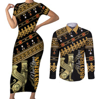 Assyrian New Year Couples Matching Short Sleeve Bodycon Dress and Long Sleeve Button Shirt Akitu 6774 Kha B Nissan - Wonder Print Shop