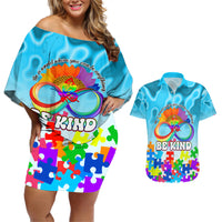 World Autism Awareness Day 2024 Couples Matching Off Shoulder Short Dress and Hawaiian Shirt In A World Where You Can Be Anything Be Kind - Wonder Print Shop