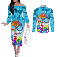 World Autism Awareness Day 2024 Couples Matching Off The Shoulder Long Sleeve Dress and Long Sleeve Button Shirt In A World Where You Can Be Anything Be Kind