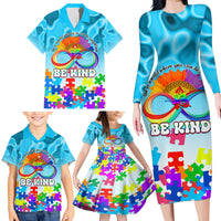 World Autism Awareness Day 2024 Family Matching Long Sleeve Bodycon Dress and Hawaiian Shirt In A World Where You Can Be Anything Be Kind - Wonder Print Shop