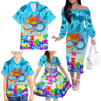 World Autism Awareness Day 2024 Family Matching Off The Shoulder Long Sleeve Dress and Hawaiian Shirt In A World Where You Can Be Anything Be Kind - Wonder Print Shop