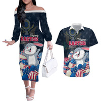 American Easter Day 2024 Couples Matching Off The Shoulder Long Sleeve Dress and Hawaiian Shirt Bunny With US Easter Eggs - Wonder Print Shop