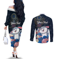 American Easter Day 2024 Couples Matching Off The Shoulder Long Sleeve Dress and Long Sleeve Button Shirt Bunny With US Easter Eggs