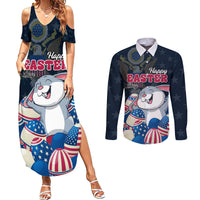 American Easter Day 2024 Couples Matching Summer Maxi Dress and Long Sleeve Button Shirt Bunny With US Easter Eggs - Wonder Print Shop