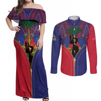 Haiti Heritage Month Couples Matching Off Shoulder Maxi Dress and Long Sleeve Button Shirt Zipper Stylized