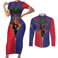 Haiti Heritage Month Couples Matching Short Sleeve Bodycon Dress and Long Sleeve Button Shirt Zipper Stylized