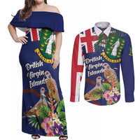 Personalised British Virgin Islands Couples Matching Off Shoulder Maxi Dress and Long Sleeve Button Shirt Two Turtle Doves Tropical Flowers