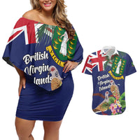 Personalised British Virgin Islands Couples Matching Off Shoulder Short Dress and Hawaiian Shirt Two Turtle Doves Tropical Flowers