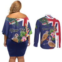 Personalised British Virgin Islands Couples Matching Off Shoulder Short Dress and Long Sleeve Button Shirt Two Turtle Doves Tropical Flowers