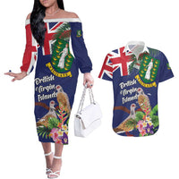 Personalised British Virgin Islands Couples Matching Off The Shoulder Long Sleeve Dress and Hawaiian Shirt Two Turtle Doves Tropical Flowers