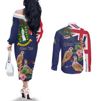 Personalised British Virgin Islands Couples Matching Off The Shoulder Long Sleeve Dress and Long Sleeve Button Shirt Two Turtle Doves Tropical Flowers