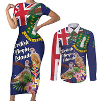 Personalised British Virgin Islands Couples Matching Short Sleeve Bodycon Dress and Long Sleeve Button Shirt Two Turtle Doves Tropical Flowers