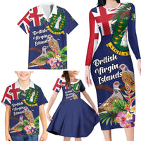 Personalised British Virgin Islands Family Matching Long Sleeve Bodycon Dress and Hawaiian Shirt Two Turtle Doves Tropical Flowers