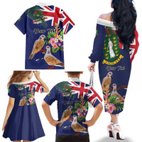Personalised British Virgin Islands Family Matching Off The Shoulder Long Sleeve Dress and Hawaiian Shirt Two Turtle Doves Tropical Flowers