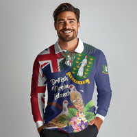 Personalised British Virgin Islands Long Sleeve Polo Shirt Two Turtle Doves Tropical Flowers