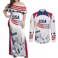 Personalized USA 2024 Soccer Couples Matching Off Shoulder Maxi Dress and Long Sleeve Button Shirt The Stars and Stripes Go Champion - Wonder Print Shop