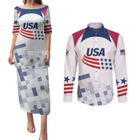Personalized USA 2024 Soccer Couples Matching Puletasi and Long Sleeve Button Shirt The Stars and Stripes Go Champion - Wonder Print Shop