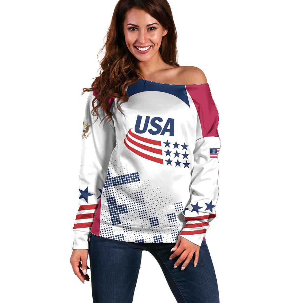 Personalized USA 2024 Soccer Off Shoulder Sweater The Stars and Stripes Go Champion