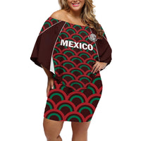 Off-shoulder short football dress in dark red with green scallop pattern, front 'MEXICO' logo