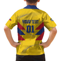 Back view kids yellow Colombia Hawaiian shirt with blue red stripe design and your text