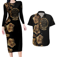 Belize Gold Orchid Couples Matching Long Sleeve Bodycon Dress and Hawaiian Shirt Luxury Stylized