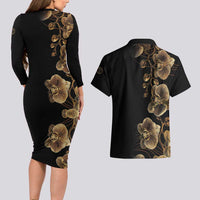 Belize Gold Orchid Couples Matching Long Sleeve Bodycon Dress and Hawaiian Shirt Luxury Stylized