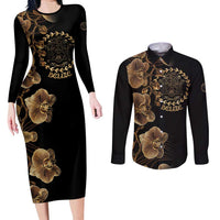 Belize Gold Orchid Couples Matching Long Sleeve Bodycon Dress and Long Sleeve Button Shirt Luxury Stylized