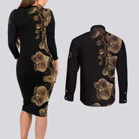 Belize Gold Orchid Couples Matching Long Sleeve Bodycon Dress and Long Sleeve Button Shirt Luxury Stylized