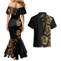 Belize Gold Orchid Couples Matching Mermaid Dress and Hawaiian Shirt Luxury Stylized