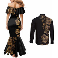 Belize Gold Orchid Couples Matching Mermaid Dress and Long Sleeve Button Shirt Luxury Stylized