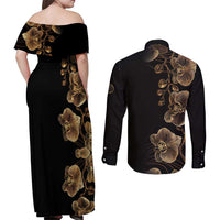 Belize Gold Orchid Couples Matching Off Shoulder Maxi Dress and Long Sleeve Button Shirt Luxury Stylized