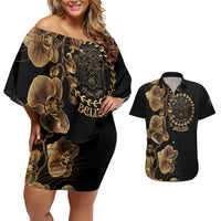 Belize Gold Orchid Couples Matching Off Shoulder Short Dress and Hawaiian Shirt Luxury Stylized