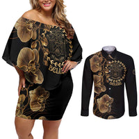 Belize Gold Orchid Couples Matching Off Shoulder Short Dress and Long Sleeve Button Shirt Luxury Stylized