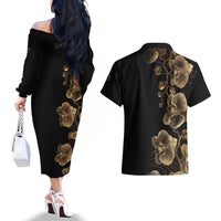 Belize Gold Orchid Couples Matching Off The Shoulder Long Sleeve Dress and Hawaiian Shirt Luxury Stylized