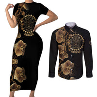 Belize Gold Orchid Couples Matching Short Sleeve Bodycon Dress and Long Sleeve Button Shirt Luxury Stylized