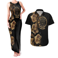 Belize Gold Orchid Couples Matching Tank Maxi Dress and Hawaiian Shirt Luxury Stylized