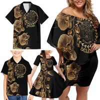 Belize Gold Orchid Family Matching Off Shoulder Short Dress and Hawaiian Shirt Luxury Stylized