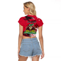 Red cropped T-shirt back with Haiti coat of arms and flag graphic, short sleeves