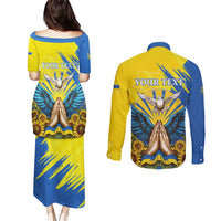 Ukraine Independence Day Couples Matching Puletasi and Long Sleeve Button Shirt Ukrainian Dove Sunflower - Wonder Print Shop