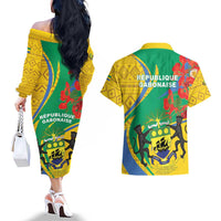 Gabon Independence Day Couples Matching Off The Shoulder Long Sleeve Dress and Hawaiian Shirt Gabonaise Flamboyant African Pattern - Wonder Print Shop